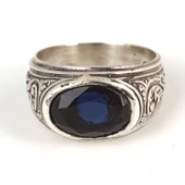 925 Ayar Gümüş Oval Sentetik Safir Taşlı Erkek Yüzük thumbnail 4