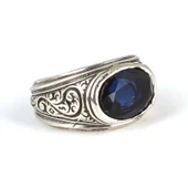 925 Ayar Gümüş Oval Sentetik Safir Taşlı Erkek Yüzük thumbnail 1