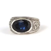 925 Ayar Gümüş Oval Sentetik Safir Taşlı Erkek Yüzük thumbnail 3
