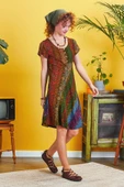 Önü Düğmeli Patchwork Kısa Kol Bohem Elbise - 3