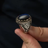 Mavi Kaplan Gözü Taşlı 925 Gümüş Erkek Yüzük - 5