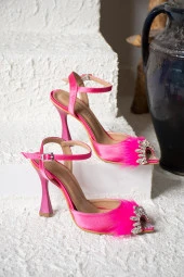 Nstil Kadın Abiye İnce Topuklu Bilekten Bağlamalı Saten Tüylü Taşlı Ayakkabı 155 - 11