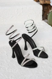 Nstil Kadın İnce Topuklu Abiye Saten Kumaş Taşlı Akordiyon Burgulu Bağcıklı Ayakkabı 151 - 12