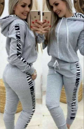 Kadın Uzun Kollu şerit Detay Kapüşonlu Iki Iplik Viskon Takım  Gri 2XL-3XL - 2