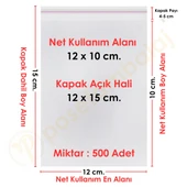 12x10+5 cm. (12x15) 500 Adet - Şeffaf Bantlı Yapışkanlı OPP Jelatin Poşet - 1