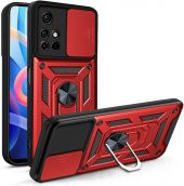 KNY Xiaomi Redmi Note 11 Kılıf Ultra Korumalı Yüzüklü Manyetik Sürgülü Vega Kapak Kırmızı - 1
