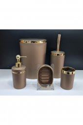 5 Parça Akrilik Gold Çizgi Soft Banyo Takımı Yuvarlak Banyo Seti Mat Kahve - 1