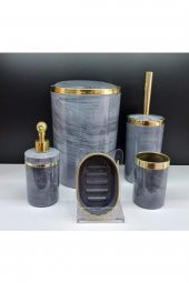 5 Parça Akrilik Yuvarlak Banyo Seti Antrasit Gri Mermer Gold Kromaj 5Li - 1