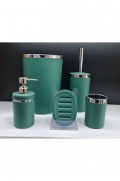 5 Parça Akrilik Gümüş Çizgi Soft Banyo Takımı Yuvarlak Banyo Seti Mat Yeşil - 1
