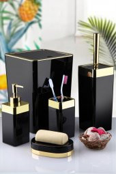 5 Parça Akrilik Gold Çizgi Banyo Takımı Kare Banyo Seti Siyah - 1