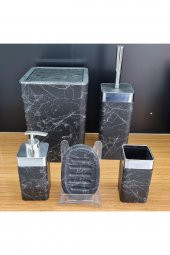 5 Parça Akrilik Gümüş Çizgi Granit Desen Soft Banyo Takımı Kare Banyo Seti Mat Siyah - 1