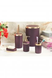 5 Parça Akrilik Gold Çizgi Soft Banyo Takımı Yuvarlak Banyo Seti Mat Mor - 1