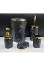 5 Parça Akrilik Gold Çizgi Granit Desen Soft Banyo Takımı Yuvarlak Banyo Seti Mat Siyah - 1