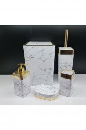 5 Parça Akrilik Gold Çizgi Granit Desen Soft Banyo Takımı Kare Banyo Seti Mat Beyaz - 1