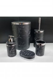 5 Parça Akrilik Gümüş Çizgi Granit Desen Soft Banyo Takımı Yuvarlak Banyo Seti Mat Siyah - 1