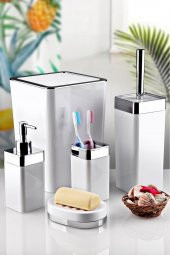 5 Parça Akrilik Gümüş Çizgi Banyo Takımı Kare Banyo Seti Beyaz - 1