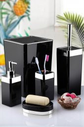 5 Parça Akrilik Gümüş Çizgi Banyo Takımı Kare Banyo Seti Siyah - 1