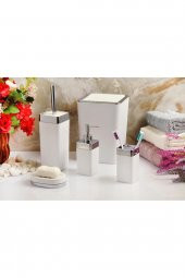 5 Parça Akrilik Gümüş Çizgi Soft Banyo Takımı Kare Banyo Seti Mat Beyaz - 1