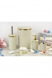 5 Parça Akrilik Gold Çizgi Soft Banyo Takımı Yuvarlak Banyo Seti Mat Krem - 1