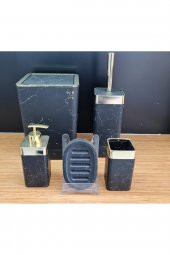 5 Parça Akrilik Gold Çizgi Granit Desen Soft Banyo Takımı Kare Banyo Seti Mat Siyah - 1
