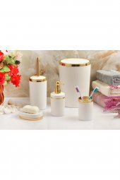 5 Parça Akrilik Gold Çizgi Soft Banyo Takımı Yuvarlak Banyo Seti Mat Beyaz - 1