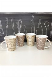 4lü Porselen Çay Nescafe Kupası Fincanı Seti 360 ML Krem Kahverengi Desen - 1