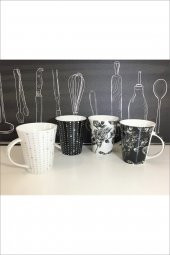 4lü Porselen Çay Nescafe Kupası Fincanı Seti 360 ML Siyah Beyaz Desen - 1