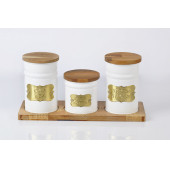 Ahşap Standlı Ahşap Kapaklı Beyaz 3lü Metal Galvaniz Çay Kahve Şeker Saklama Kutusu - 1