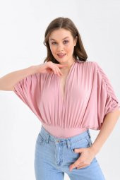 V Yaka Derin Sırt Detaylı Pembe Kadın Bodysuit - 1