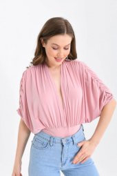 V Yaka Derin Sırt Detaylı Pembe Kadın Bodysuit - 4