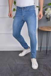 Erkek Slim Fit Likralı Mavi Dar Paça Tırnaklı Esnek Jean Kot Pantolon - 1
