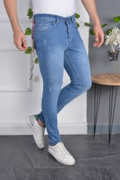 Erkek Slim Fit Likralı Mavi Dar Paça Tırnaklı Esnek Jean Kot Pantolon - 2