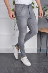 Erkek Jeans Skinny Fit Likralı Eskitilmiş Görünümlü Gri Dar Paça Kot Pantolon - 2