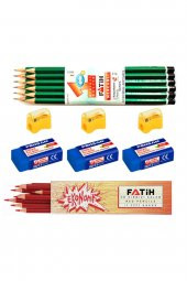 12 Li Mercanlı Kurşun Kalem Kırmızı Kopya Kalemi Silgi Kalem Açacağı Set - 1