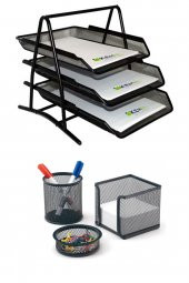 A4 Evrak Rafı Metal Üçlü Perfore 3lü Set (kalemlik, Ataşlık) - 1