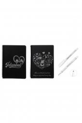 2 Adet Desenli Siyah Defter Siyah Yapraklı Defter - Siyah Sayfalı Defter 2 Adet Beyaz Jel Kalem - 1