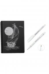 Desenli Siyah Defter Siyah Yapraklı Defter - Siyah Sayfalı Defter Beyaz Jel Kalem Siyah side - 1
