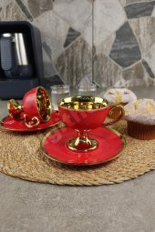 Digithome Kosova Porselen 2 Kişilik Yaldızlı Kahve Fincan Takımı Kırmızı - İST-76 thumbnail 3