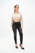 Kadın Yüksek Bel Yırtmaçlı Füme Jean Pantolon 6190-23 - 2