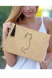 Ju Yaratıcı Tasarım Hasır Kadın Portföy & Clutch Çanta Kedi thumbnail 1