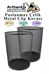 Çöp Kovası Paslanmaz Çelik Siyah Fileli 2 Adet Ofis Büro Okul vb.Çöp Kovası Metal Delikli Kolay Kullanım - 1