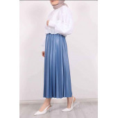 Deri Görünümlü Pliseli Etek Özel Gün Parlak Etek Tesettür Etek - 5