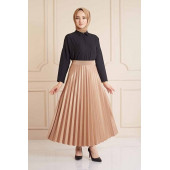 Deri Görünümlü Pliseli Etek Özel Gün Parlak Etek Tesettür Etek - 8