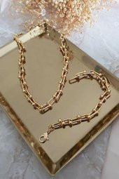 Gold Kaplama 2'li Tiffany Blanca Model Kalın Zincir Kolye ve Bileklik Seti - 1