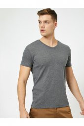 KOTON Erkek Antrasit V Yaka Likralı Esnek Kumaşlı Slim Fit Tişört - - 2