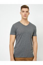 KOTON Erkek Antrasit V Yaka Likralı Esnek Kumaşlı Slim Fit Tişört - - 3