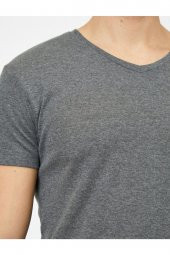 KOTON Erkek Antrasit V Yaka Likralı Esnek Kumaşlı Slim Fit Tişört - - 5