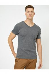 KOTON Erkek Antrasit V Yaka Likralı Esnek Kumaşlı Slim Fit Tişört - - 1