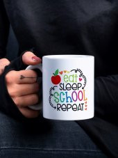 Eat Sleep School Repeat Yazılı Renkli Özel Tasarım Baskılı Kupa Bardak Öğretmen Öğrenci Hediye - 1