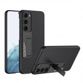 KNY Samsung Galaxy S23 Kılıf Deri Desenli Standlı Sert Kıpta Kapak Siyah - 1